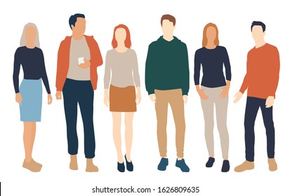 Silhouettes of men and women, different colors, cartoon character, group of standing business people, flat icon design concept isolated on white background