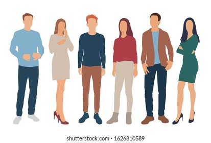 Silhouettes of men and women, different colors, cartoon character, group of standing business people, flat icon design concept isolated on white background