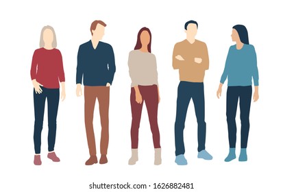 Silhouettes of men and women, different colors, cartoon character, group of standing business people, flat icon design concept isolated on white background