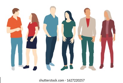 Silhouettes of men and women, different colors, cartoon character, group of standing business people, flat icon design concept isolated on white background