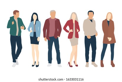 Silhouettes of men and women, different colors, cartoon character, group of standing business people, flat icon design concept isolated on white background