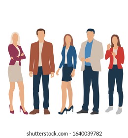 Silhouettes of men and women, different colors, cartoon character, group of standing business people, flat icon design concept isolated on white background