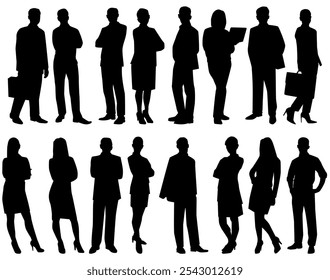 silhouettes of men and a women, a group of standing business people, black color isolated on white background