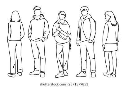 Silhouettes of men and women, group of standing  business people, profile, vector, hand draw, linear sketch, front and back view, black and white color, isolated on white background