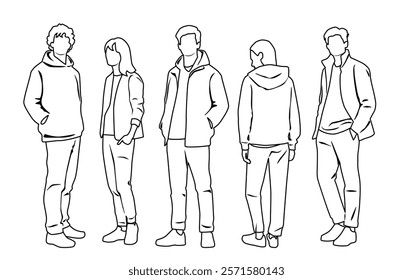Silhouettes of men and women, group of standing  business people, profile, vector, hand draw, linear sketch, black and white color, isolated on white background