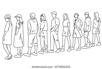 Silhouettes of men and women, group standing and walking business people, vector, linear sketch, hand draw, profile and back view, black and white colors isolated on white background