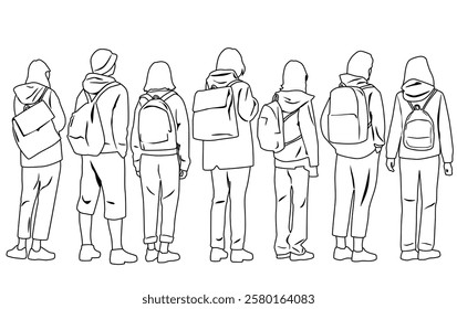 Silhouettes of men and women, group of standing business people with backpacks, back view, profile, freehand drawing, vector, line sketch, black and white, isolated on white background