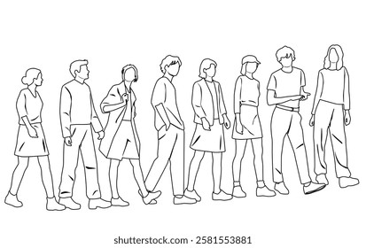Silhouettes of men and women, group standing and walking business people, vector, linear sketch, hand draw, profile,  black and white colors isolated on white background