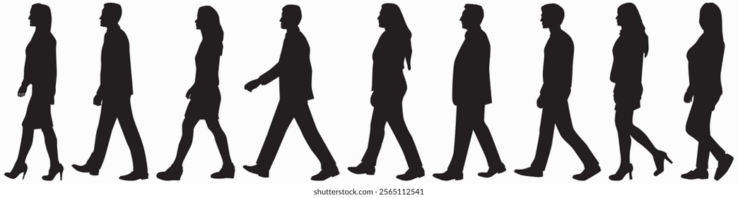 silhouettes of men and a women, a group of walking business people, profile, people walking isolated on white background