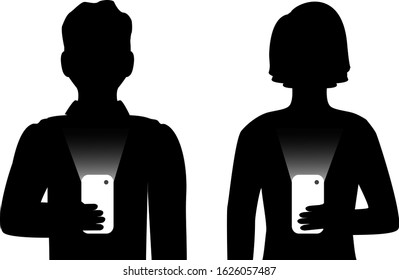 Silhouettes of men and women holding phones in their hands and do not communicate with each other. They are Internet addicts