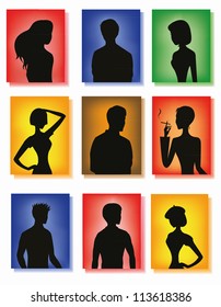 Silhouettes of men and women on colorful glass background