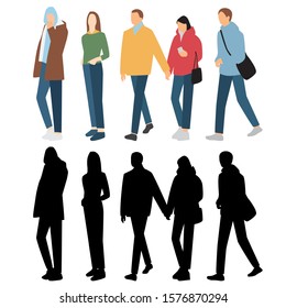 Silhouettes of men and women in outerwear with different colors, cartoon character, group of standing and walking business people, flat icon design concept isolated on white background.