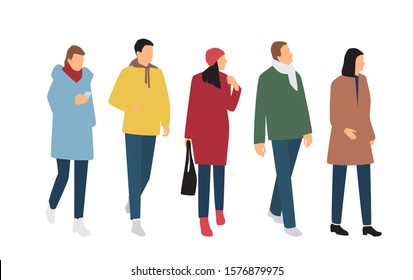 Silhouettes of men and women in outerwear with different colors, cartoon character, group of standing and walking business people, flat icon design concept isolated on white background.