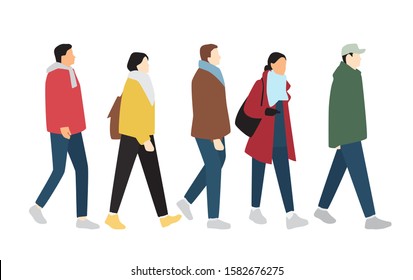 Silhouettes of men and women in outerwear of different colors, cartoon character, group of walking business people, flat icon design concept isolated on white background