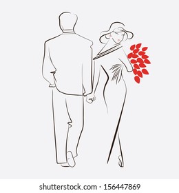 silhouettes of men and women with red tulips
