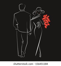 Silhouettes of men and women with red tulips