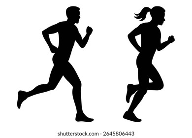 Silhouettes of men and women running. Group of running men and women side view of vector runner silhouette. 