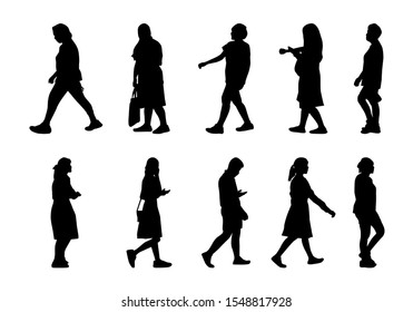 Silhouettes men and women set on white background, Collection people silhouettes walking, Isolate shape group girl and boy, Shadow different human illustration