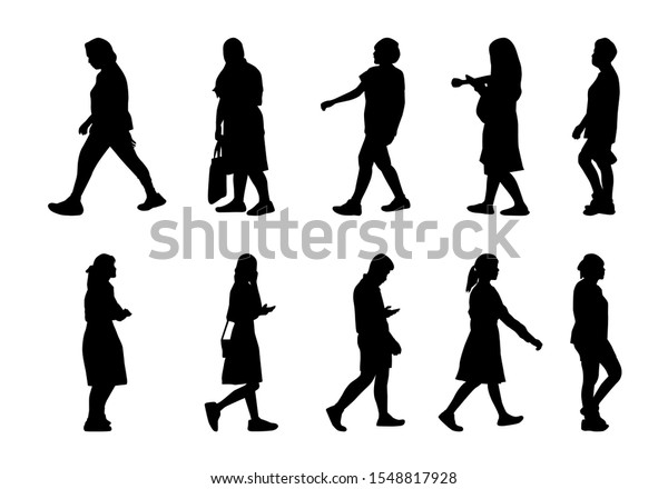 白い背景にシルエット コレクションの人のシルエット 歩く姿のグループの女の子と男の子 影の違う人のイラスト のベクター画像素材 ロイヤリティフリー