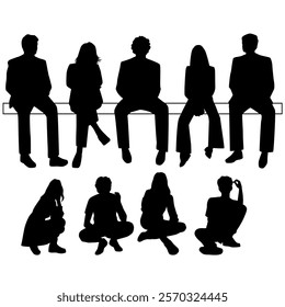 Silhouettes of a men and a women sitting on a bench, vector, a group of business people, black color on a white background