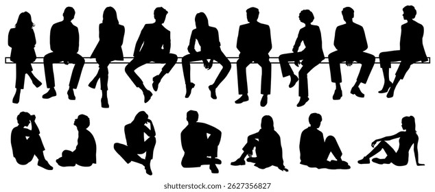 Silhouettes of a men and a women sitting on a bench, vector, a group of business people, black color on a white background