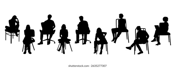 Silhouettes of a men   women, sitting on chairs and armchairs, vector, group of business people, profile, black color on a white background