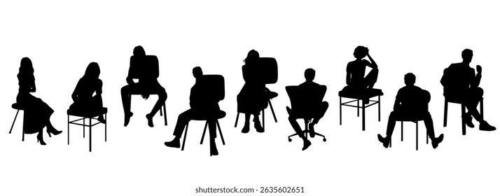 Silhouettes of a men   women, sitting on chairs and armchairs, vector, group of business people, profile, black color on a white background