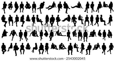 silhouettes of men and women sitting on a bench, different poses, a group of business people, large collection of people in various poses black color on a white background