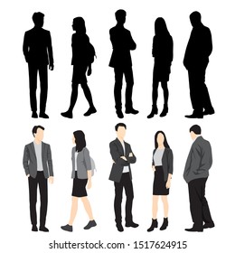 Silhouettes of men and women standing, cartoon character, group business people, vector illustration, flat designe icon, isolated on white background