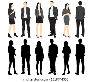 Silhouettes of men and women standing, cartoon character, group business people, vector illustration, flat designe icon, isolated on white background