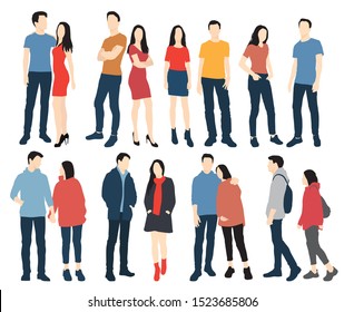 Silhouettes of men and women standing, cartoon character, group business people, vector illustration, flat designe icon, isolated on white background