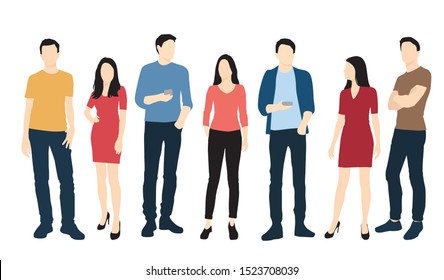 Silhouettes of men and women standing, cartoon character, group business people, vector illustration, flat designe icon, isolated on white background