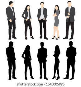 Silhouettes of men and women standing, cartoon character, group business people, vector illustration, flat designe icon, isolated on white background