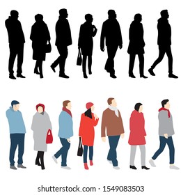Silhouettes of men and women standing and walking, cartoon characte, outerwear, group business people, vector illustration, flat designe icon, isolated on white background