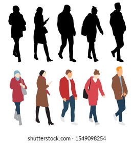 Silhouettes of men and women standing and walking, cartoon characte, outerwear, group business people, vector illustration, flat designe icon, isolated on white background
