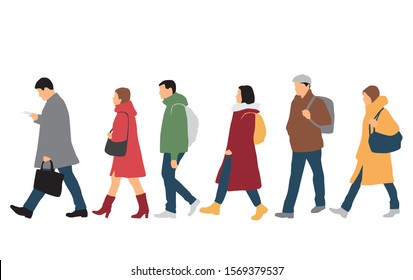 Silhouettes of men and women standing and walking, cartoon character, outerwear, group business people, vector illustration, flat designe icon, isolated on white background