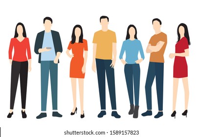 Silhouettes of men and women in summer clothes of different colors, cartoon character, a group of standing and walking business people, the design concept of flat icons isolated on a white background