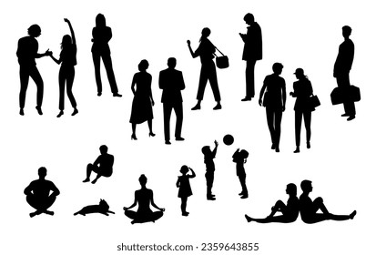 Siluetas hombres, mujeres, adolescentes y niños de pie, caminando, sentados, color negro, vector, personas de descanso en grupo, estudiantes, el concepto de diseño de icono plano, aislado en fondo blanco