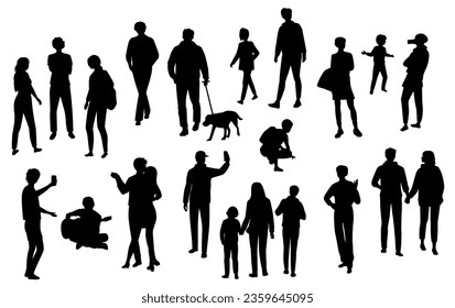 Silhouettes hombres, mujeres, adolescentes y niños de pie, caminando, sentados, jugando guitarra; danza, color negro, vector, reposo grupal, estudiantes diseño concepto de icono plano, aislado en blanco