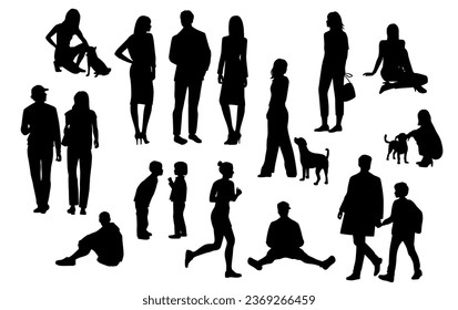 Silhouettes men, women, teenagers and children standing, walking, sitting, with dog, black color, vector, group rest people, students, the design concept of flat icon, isolated on white background