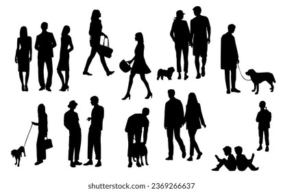 Silhouettes men, women, teenagers and children standing, walking, sitting, with dog, black color, vector, group rest people, students, design concept of flat icon, isolated on white background