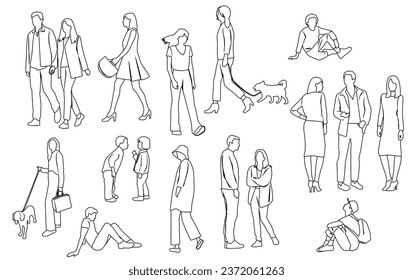 Silhouettes men, women, teenagers and children standing, walking, sitting, with dog, linear sketch,  black color, vector, group rest people, students, design concept of flat icon, isolated on white 