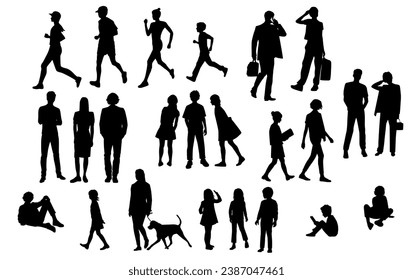 Silhouettes men, women, teenagers and children standing, walking, sitting, with dog, black color, vector, group rest people, students, design concept of flat icon, isolated on white background