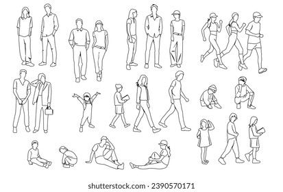 Silhouettes men, women, teenagers and children standing, walking, sitting, linear sketch,  black color, vector, group rest people, students, design concept of flat icon, isolated on white background