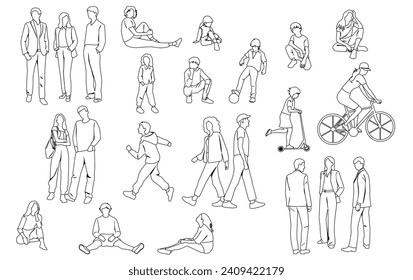 Silhouettes of men, women, teenagers and children standing, walking, sitting, linear sketch, black color, vector, group recreation people, students, flat icon design concept isolated on white 