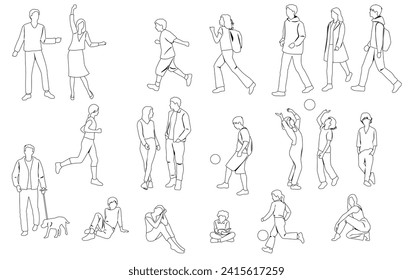 Silhouettes of men, women, teenagers and children standing, walking, sitting, linear sketch, black color, vector, group recreation people, students, flat icon design concept isolated on white 