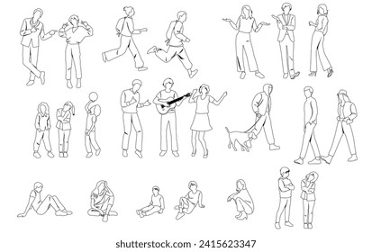 Silhouettes of men, women, teenagers and children standing, walking, sitting, linear sketch, black color, vector, group recreation people, students, flat icon design concept isolated on white