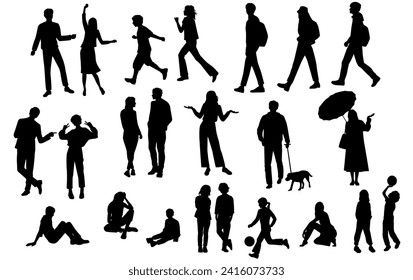 Silhouettes men, women, teenagers and children standing, walking, sitting, with dog, black color, vector, group rest people, students, design concept of flat icon, isolated on white background