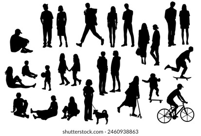 Silhouettes men, women, teenagers and children standing, walking, sitting, skateboarding, black color, vector, group recreation people, students, flat icon design concept isolated on white background