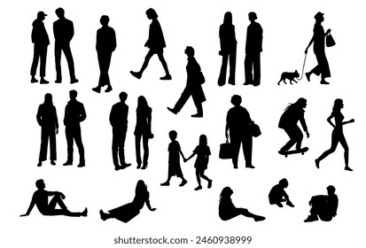 Silhouettes men, women, teenagers and children standing, walking, sitting, skateboarding, black color, vector, group recreation people, students, flat icon design concept isolated on white background